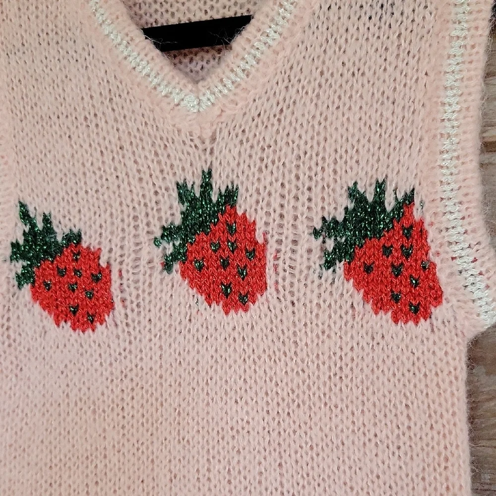 Kimchi Blue Pink Sweater Vest With Strawberries Size XS